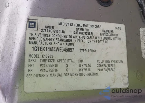 1998 GMC Sierra 1500 Sl Wideside z USA, uszkodzony, nr VIN 1GTEK14M4WE545097